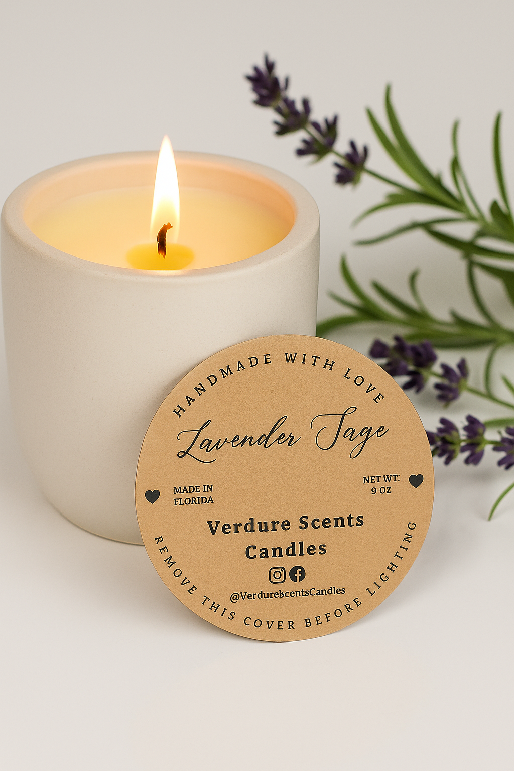 Lavender Sage candle in beige concrete jar
Toxin-free lavender sage candle lit with soft glow
Concrete candle with lavender and sage blend