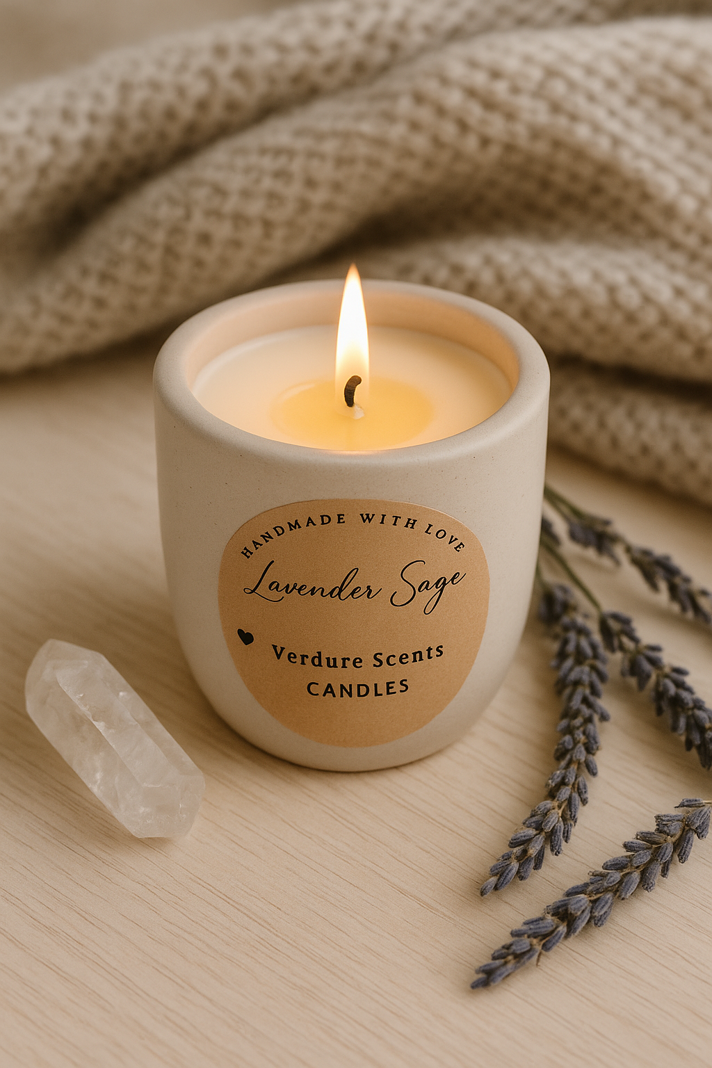 Lavender Sage candle in beige concrete jar
Toxin-free lavender sage candle lit with soft glow
Concrete candle with lavender and sage blend
