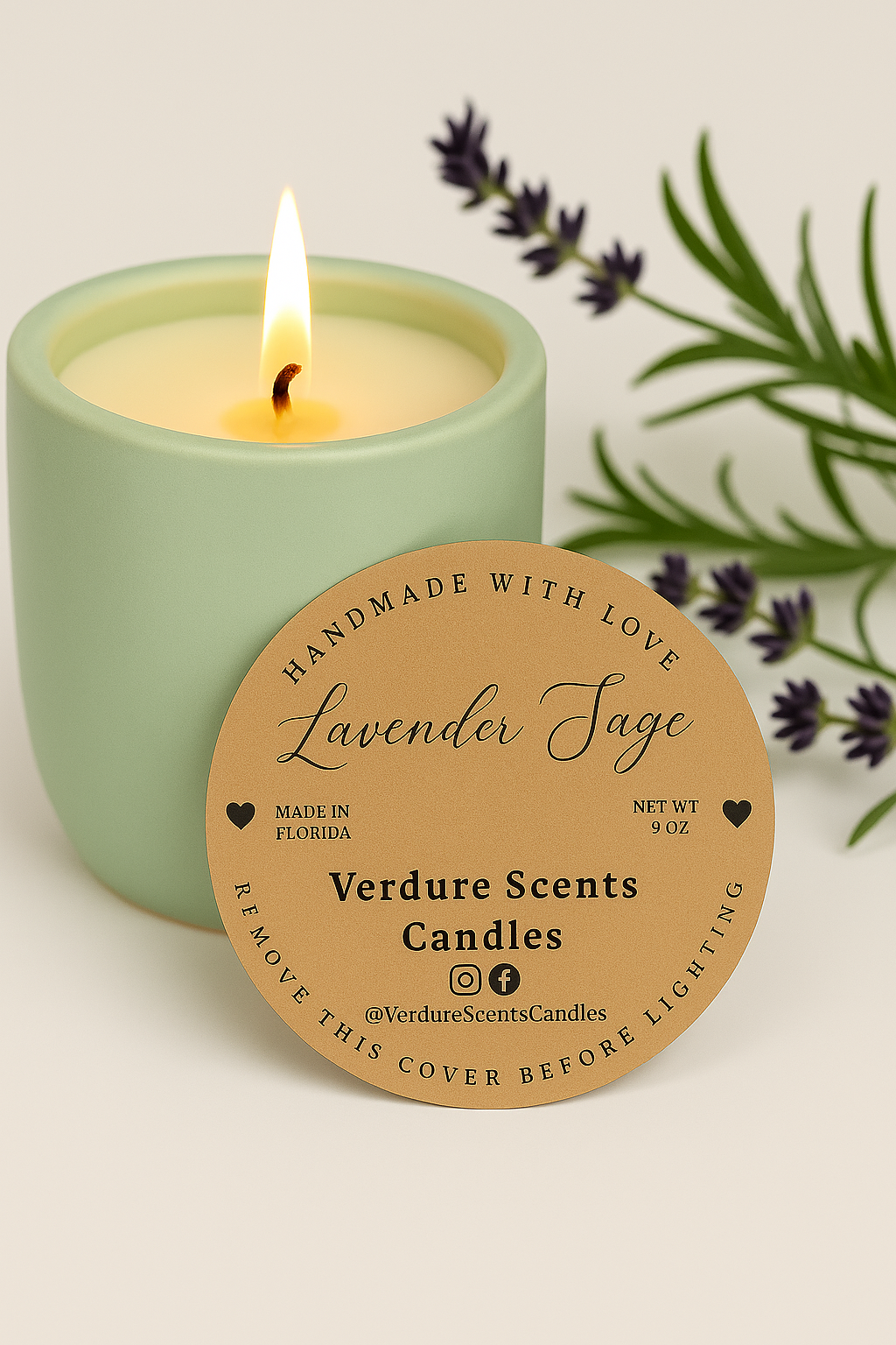 Lavender Sage candle in green concrete jar
Toxin-free lavender sage candle lit with soft glow
Concrete candle with lavender and sage blend