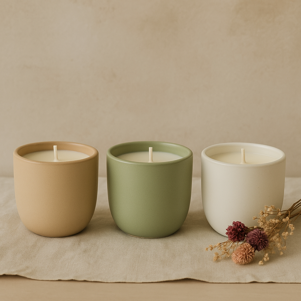 Lavender Sage candle in beige, green and white concrete jar
Toxin-free lavender sage candle lit with soft glow
Concrete candle with lavender and sage blend